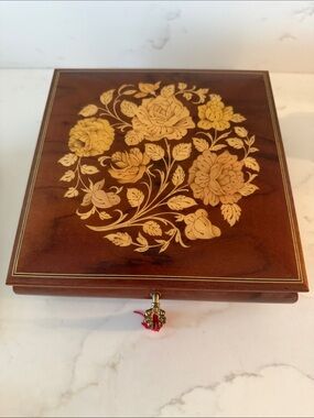 Vintage Italian Wooden Music Box with Floral Inlay